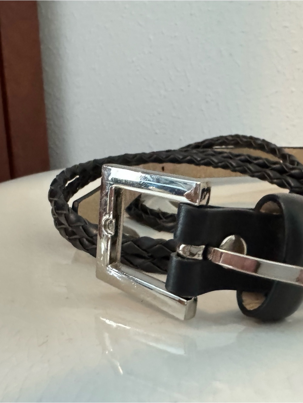 Steve Madden Braided Leather Belt with Silver Buckle - Black